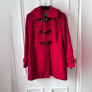 Women’s Guess Red Wool Blend Hooded Duffle Coat Black Toggle/Zip Closure medium